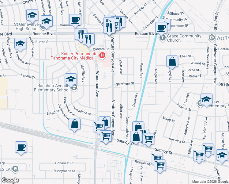 map of restaurants, bars, coffee shops, grocery stores, and more near 7936 Ventura Canyon Avenue in Los Angeles