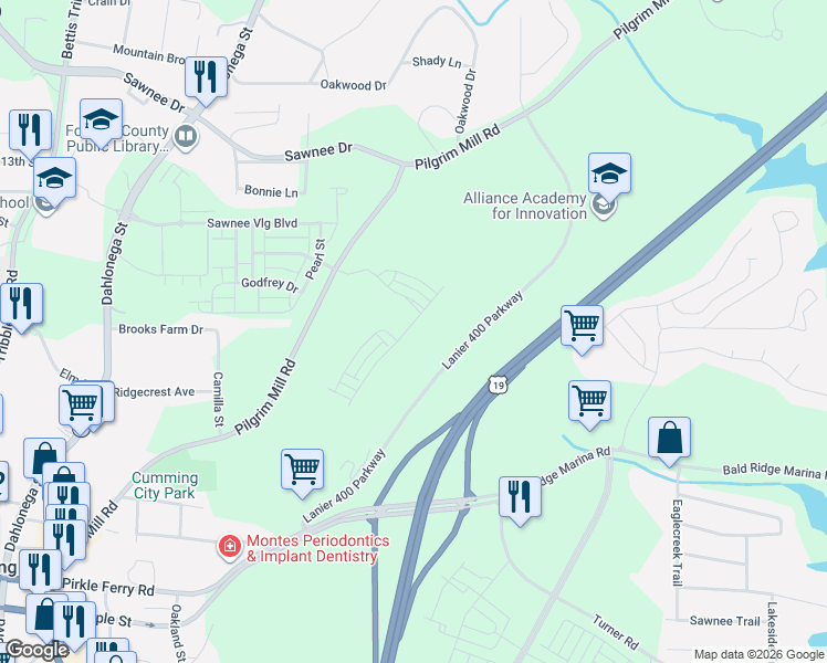 map of restaurants, bars, coffee shops, grocery stores, and more near Summit Hill Way in Cumming