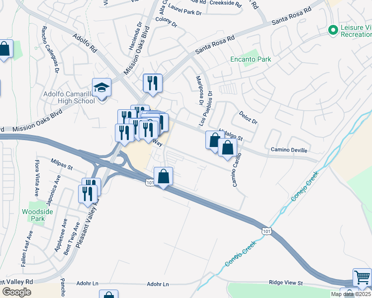 map of restaurants, bars, coffee shops, grocery stores, and more near 5141 Verdugo Way in Camarillo