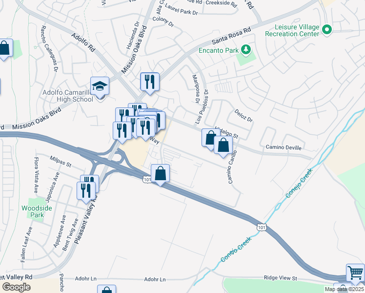map of restaurants, bars, coffee shops, grocery stores, and more near 5141 Verdugo Way in Camarillo