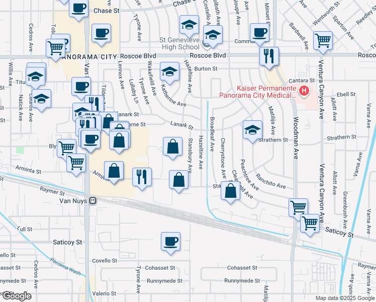map of restaurants, bars, coffee shops, grocery stores, and more near 7929 Stansbury Avenue in Los Angeles