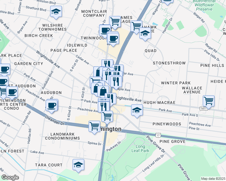 map of restaurants, bars, coffee shops, grocery stores, and more near 1101 U.S. 117 in Wilmington
