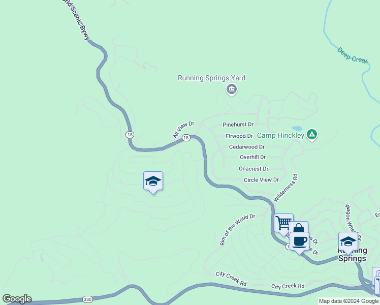 map of restaurants, bars, coffee shops, grocery stores, and more near 2402 Spring Oak Drive in Running Springs