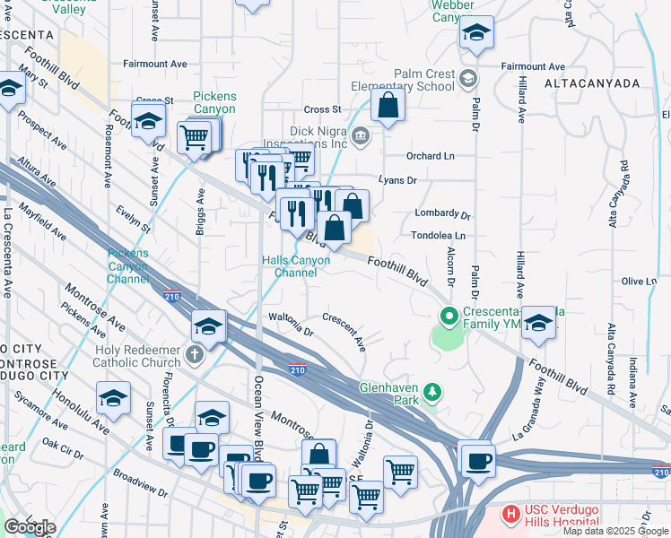 map of restaurants, bars, coffee shops, grocery stores, and more near 2145 La Canada Crest Drive in La Cañada Flintridge