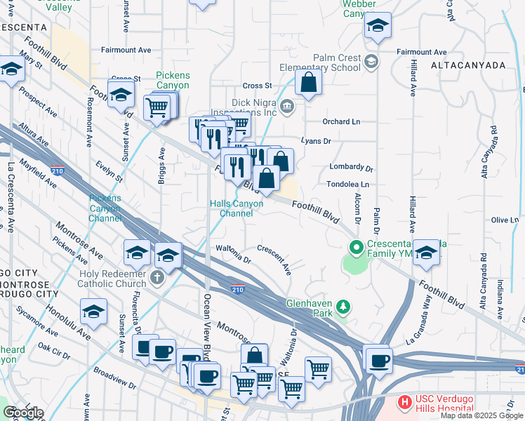 map of restaurants, bars, coffee shops, grocery stores, and more near 2145 La Canada Crest Drive in La Cañada Flintridge
