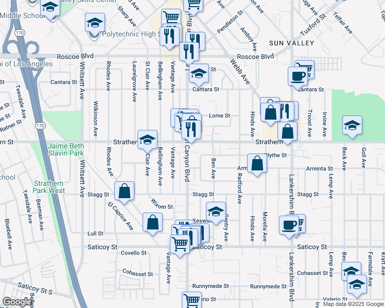 map of restaurants, bars, coffee shops, grocery stores, and more near 7934 Laurel Canyon Blvd in North Hollywood