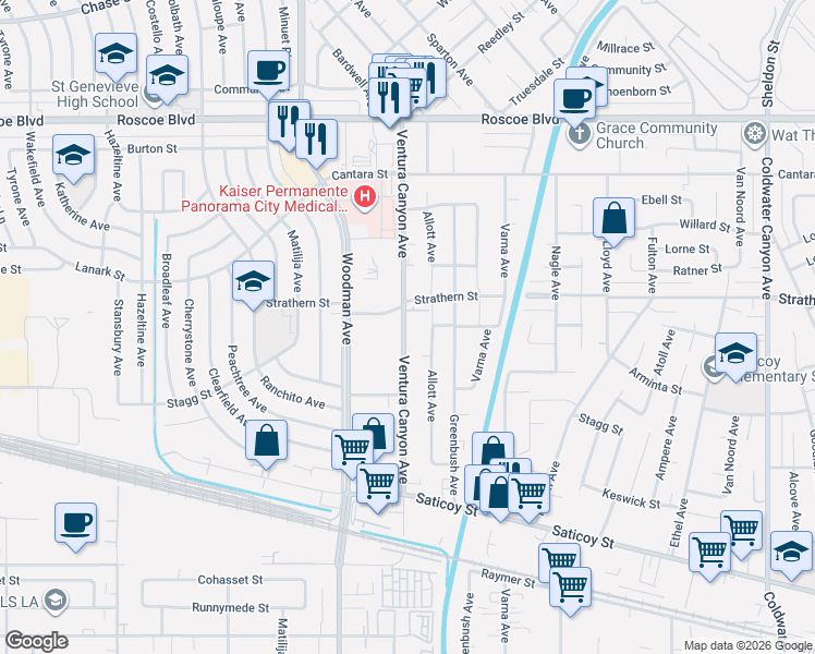 map of restaurants, bars, coffee shops, grocery stores, and more near 7939 Allott Avenue in Los Angeles