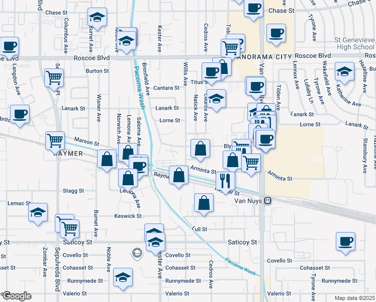 map of restaurants, bars, coffee shops, grocery stores, and more near 14752 Blythe Street in Los Angeles