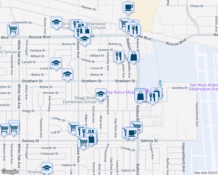 map of restaurants, bars, coffee shops, grocery stores, and more near 7938 Wish Avenue in Los Angeles