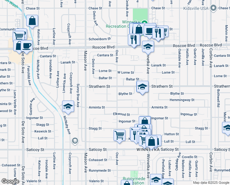 map of restaurants, bars, coffee shops, grocery stores, and more near 20253 Blythe Street in Los Angeles