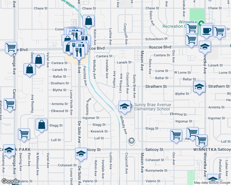 map of restaurants, bars, coffee shops, grocery stores, and more near 7941 Lurline Avenue in Los Angeles