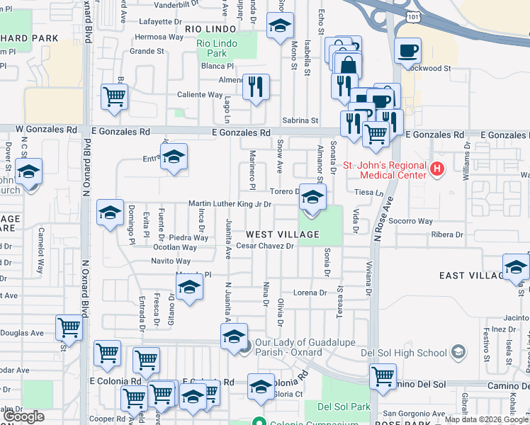 map of restaurants, bars, coffee shops, grocery stores, and more near 1341 Opalo Drive in Oxnard