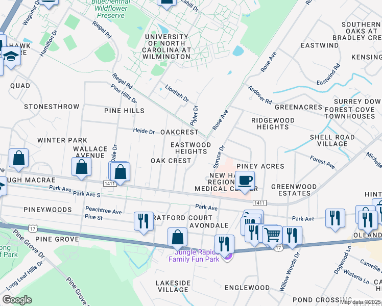map of restaurants, bars, coffee shops, grocery stores, and more near 230 Oakcrest Dr in Wilmington