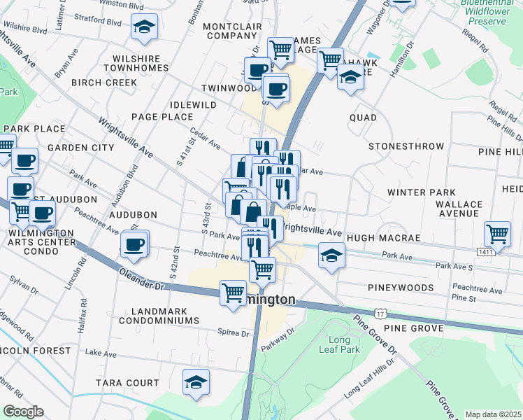 map of restaurants, bars, coffee shops, grocery stores, and more near 1101 U.S. 117 in Wilmington