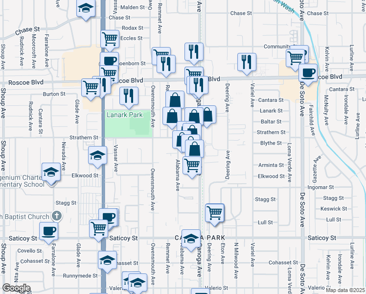 map of restaurants, bars, coffee shops, grocery stores, and more near 7946 Alabama Avenue in Los Angeles
