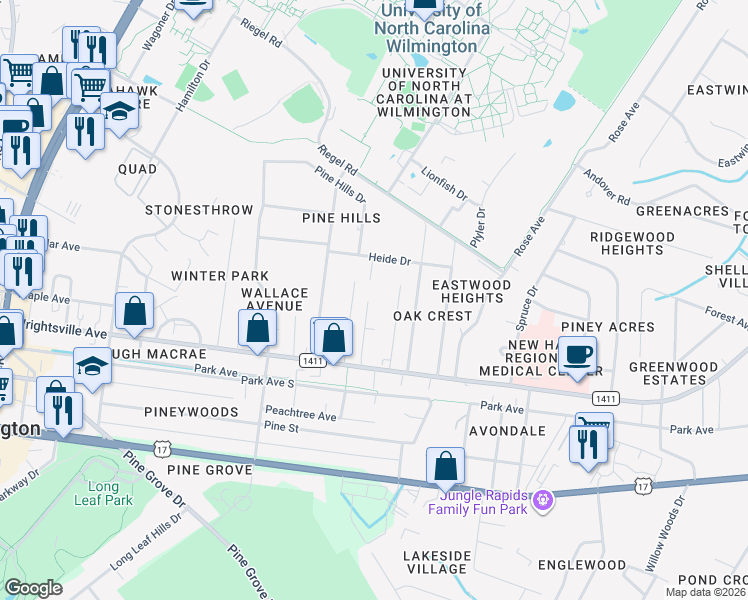map of restaurants, bars, coffee shops, grocery stores, and more near 224 Woodland Drive in Wilmington