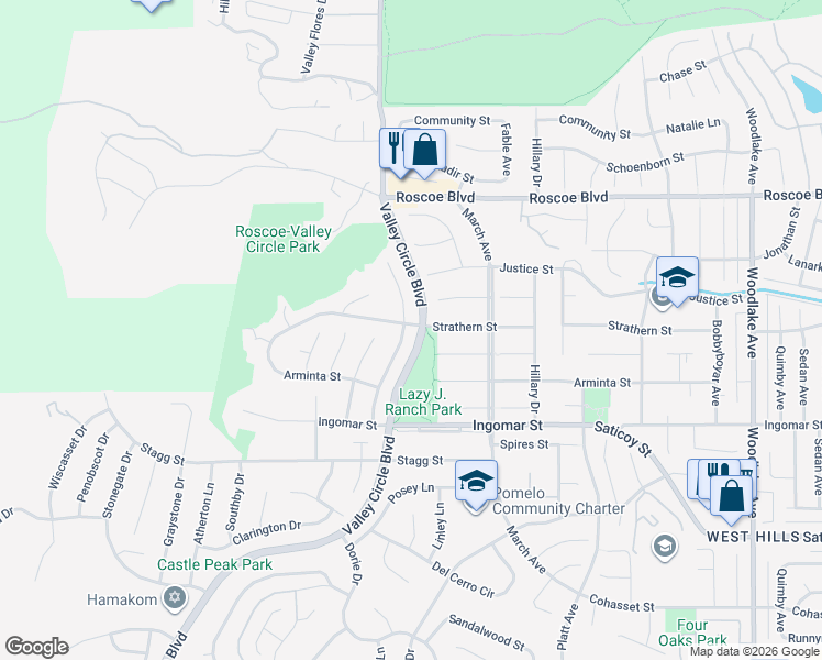 map of restaurants, bars, coffee shops, grocery stores, and more near 7936 Valley Flores Drive in Los Angeles