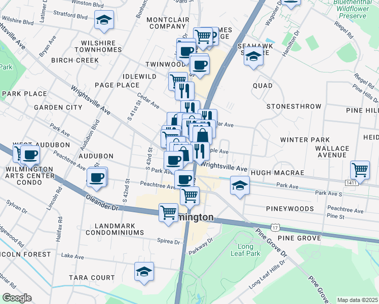 map of restaurants, bars, coffee shops, grocery stores, and more near 1101 U.S. 117 in Wilmington