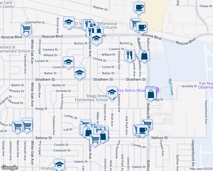 map of restaurants, bars, coffee shops, grocery stores, and more near 7937 Ostrom Avenue in Los Angeles