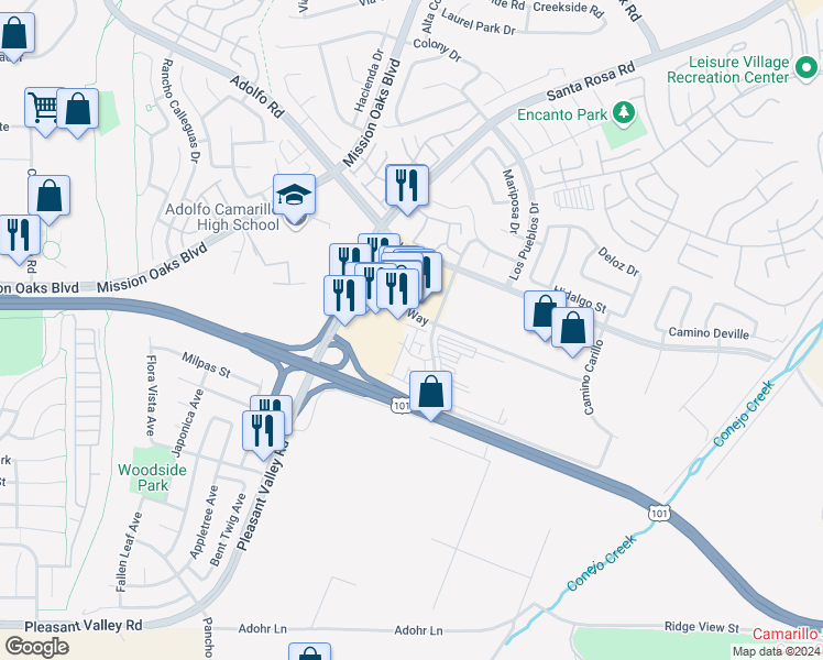 map of restaurants, bars, coffee shops, grocery stores, and more near 363 Nuez Street in Camarillo