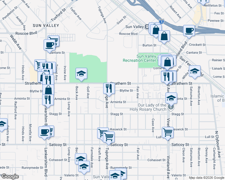 map of restaurants, bars, coffee shops, grocery stores, and more near 7931 Bakman Avenue in Los Angeles