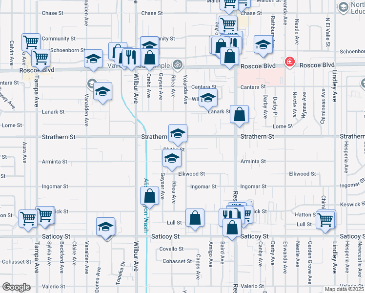 map of restaurants, bars, coffee shops, grocery stores, and more near 7941 Yolanda Avenue in Los Angeles