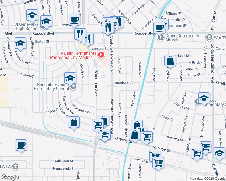 map of restaurants, bars, coffee shops, grocery stores, and more near 7936 Ventura Canyon Avenue in Los Angeles
