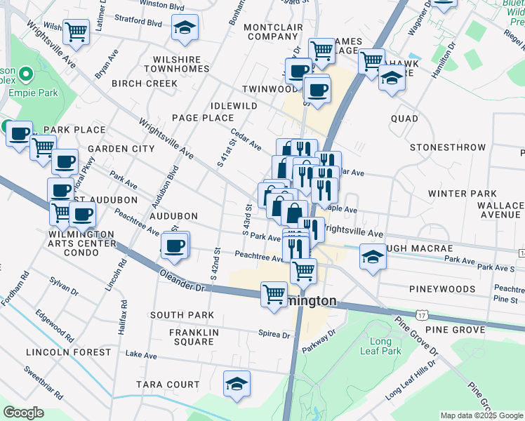map of restaurants, bars, coffee shops, grocery stores, and more near 4314 Wrightsville Avenue in Wilmington