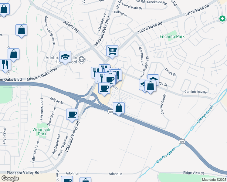 map of restaurants, bars, coffee shops, grocery stores, and more near 363 Nuez Street in Camarillo