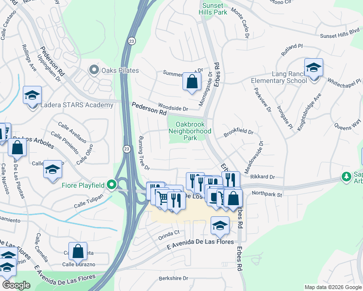 map of restaurants, bars, coffee shops, grocery stores, and more near 2681 Briarwood Place in Thousand Oaks