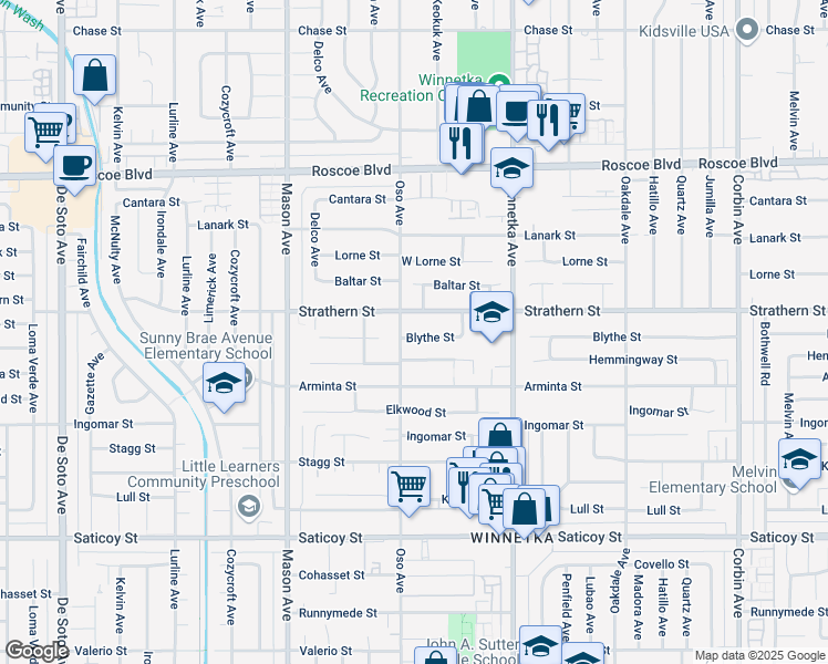map of restaurants, bars, coffee shops, grocery stores, and more near 20253 Blythe Street in Los Angeles