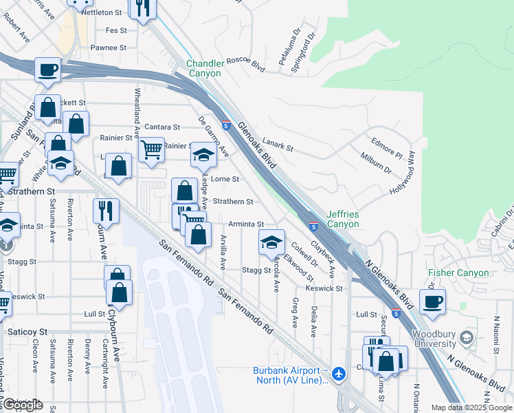 map of restaurants, bars, coffee shops, grocery stores, and more near 10236 Strathern Street in Los Angeles