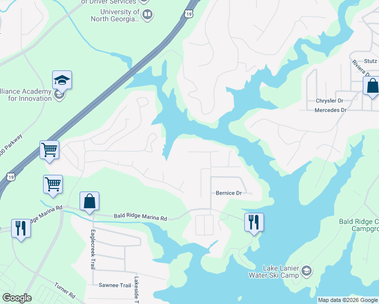 map of restaurants, bars, coffee shops, grocery stores, and more near 2479 Peachtree Road in Cumming