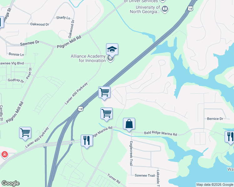 map of restaurants, bars, coffee shops, grocery stores, and more near 1256 Elderwood Way in Cumming