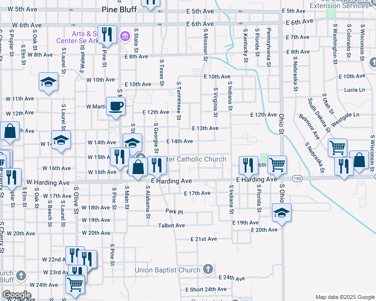 map of restaurants, bars, coffee shops, grocery stores, and more near 1407 South Tennessee Street in Pine Bluff