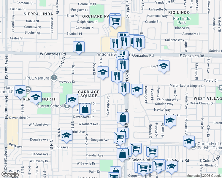 map of restaurants, bars, coffee shops, grocery stores, and more near 261 Glenwood Drive in Oxnard
