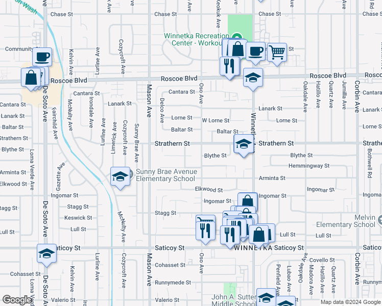 map of restaurants, bars, coffee shops, grocery stores, and more near 20323 Blythe Street in Los Angeles