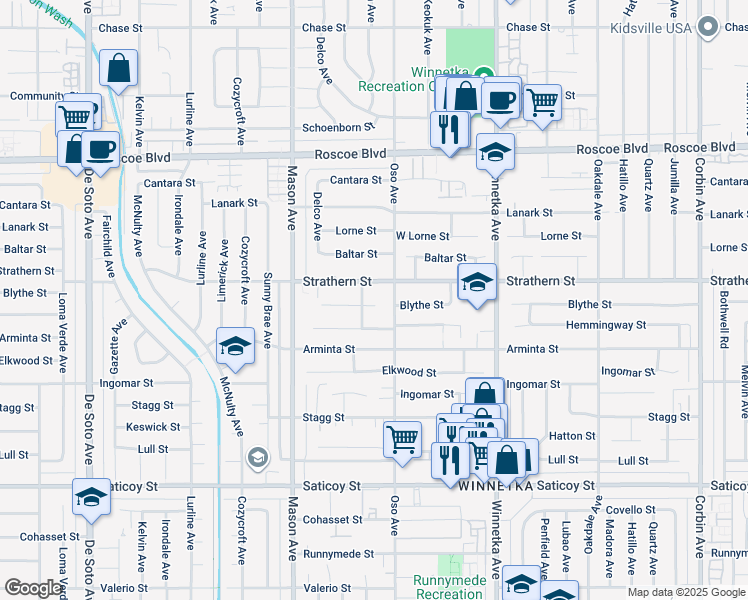 map of restaurants, bars, coffee shops, grocery stores, and more near 20323 Blythe Street in Los Angeles
