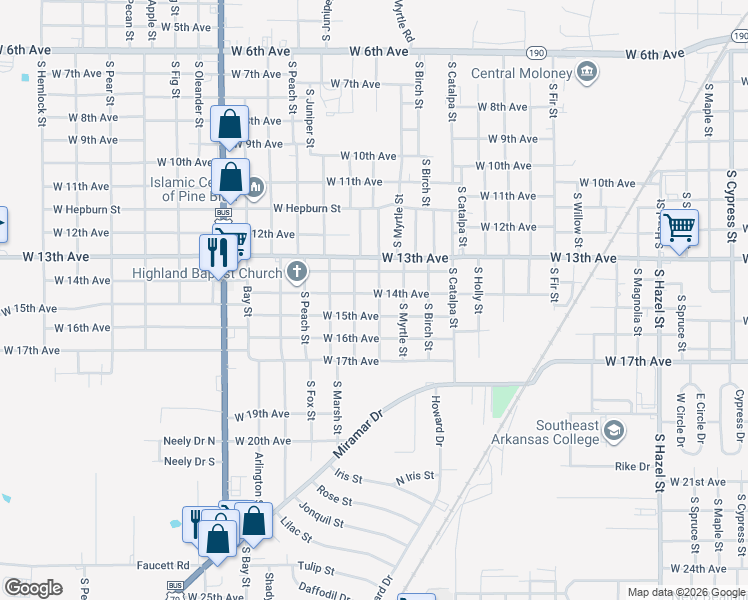 map of restaurants, bars, coffee shops, grocery stores, and more near 3302 West 14th Avenue in Pine Bluff
