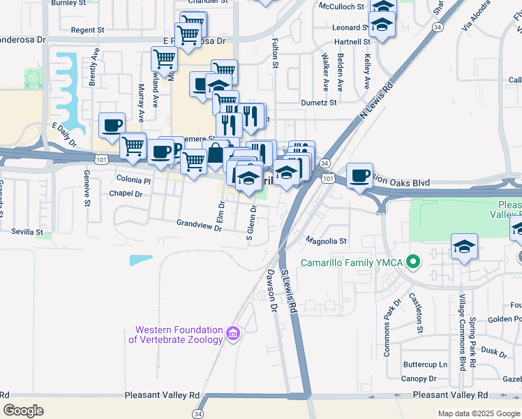 map of restaurants, bars, coffee shops, grocery stores, and more near 2500 Chapel Drive in Camarillo