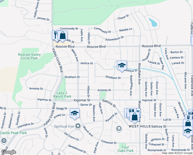 map of restaurants, bars, coffee shops, grocery stores, and more near 7954 Maestro Avenue in Los Angeles