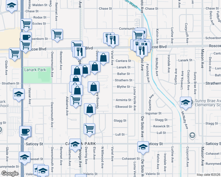 map of restaurants, bars, coffee shops, grocery stores, and more near 7945 Variel Avenue in Los Angeles