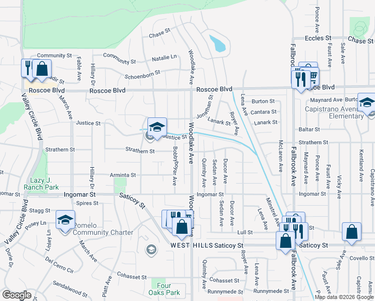 map of restaurants, bars, coffee shops, grocery stores, and more near 7951 Woodlake Avenue in Los Angeles