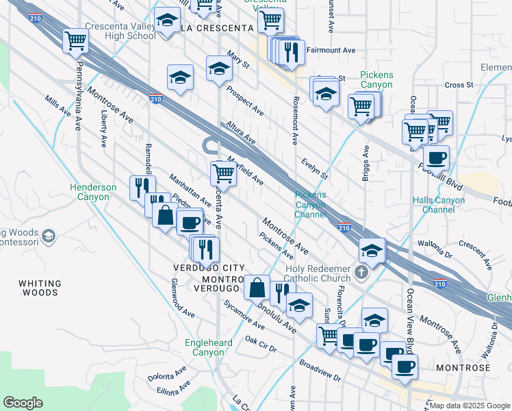 map of restaurants, bars, coffee shops, grocery stores, and more near 2705 Montrose Avenue in Glendale