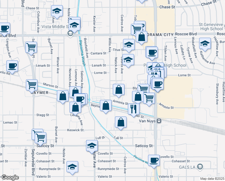 map of restaurants, bars, coffee shops, grocery stores, and more near 14752 Blythe Street in Los Angeles