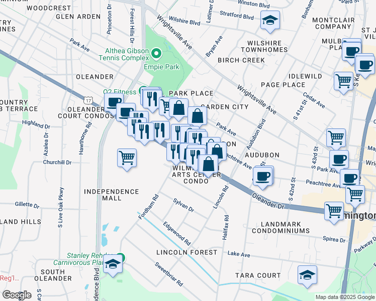 map of restaurants, bars, coffee shops, grocery stores, and more near 3801 Oleander Drive in Wilmington