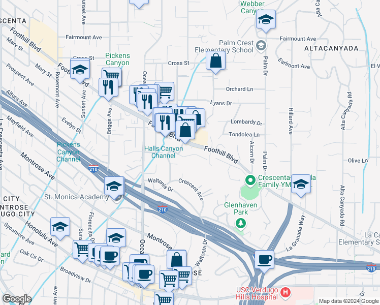 map of restaurants, bars, coffee shops, grocery stores, and more near 2145 La Canada Crest Drive in La Cañada Flintridge