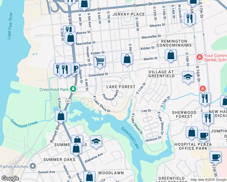 map of restaurants, bars, coffee shops, grocery stores, and more near 53 Pinecrest Parkway in Wilmington