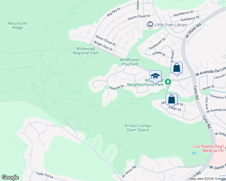 map of restaurants, bars, coffee shops, grocery stores, and more near 2685 Velarde Drive in Thousand Oaks