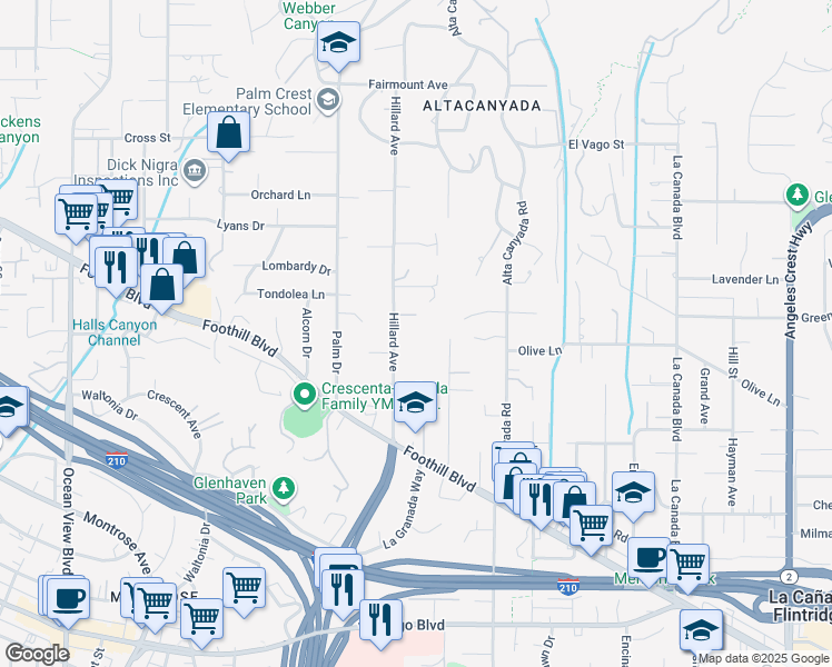 map of restaurants, bars, coffee shops, grocery stores, and more near 4644 Hillard Avenue in La Cañada Flintridge